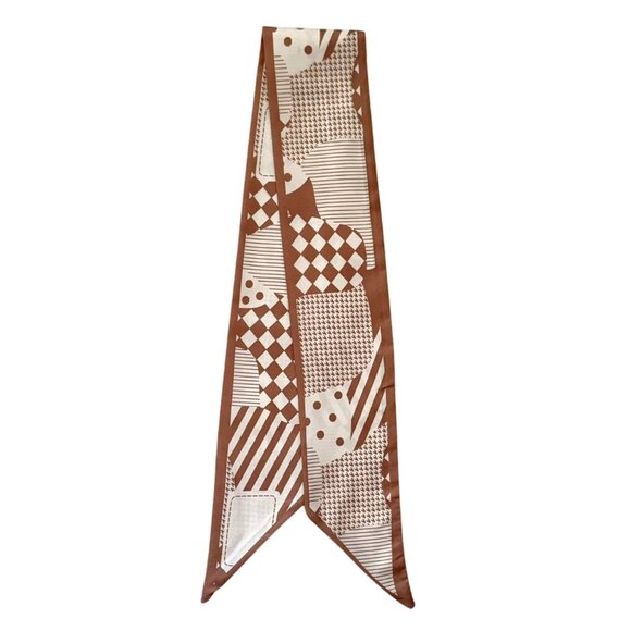 Slim Scarf Geometric Patchwork 34in Taupe Cream Modern Style Neutral Chic No66 - Picture 2 of 9